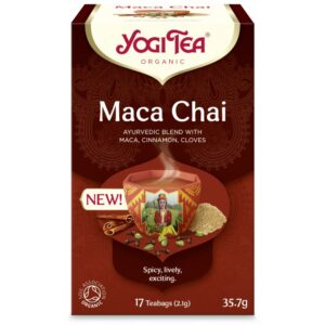 Ένα κουτί Yogi Tea Maca Chai 35,7 g με 17 φακελάκια τσαγιού, που προσφέρει ένα απολαυστικό μείγμα από μάκα, κανέλα και γαρύφαλλο.