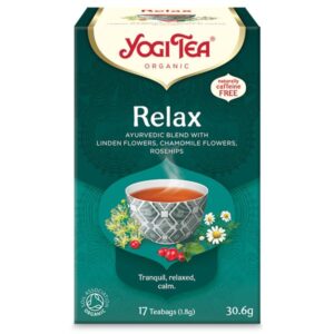 Κουτί Yogi Tea Relax 30,6 g, ένα βιολογικό μείγμα με άνθη τίλιο, χαμομήλι και τριανταφυλλιές. περιλαμβάνει 17 φακελάκια τσαγιού.