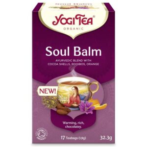 Κουτί Yogi Tea Soul Balm 32,3 g με 17 φακελάκια τσαγιού, με κοχύλια κακάο, rooibos και πορτοκάλι. Ζεστό, πλούσιο, σοκολατένιο.