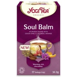 Κουτί Yogi Tea Soul Balm 32,3 g με 17 φακελάκια τσαγιού, με κοχύλια κακάο, rooibos και πορτοκάλι. Ζεστό, πλούσιο, σοκολατένιο.