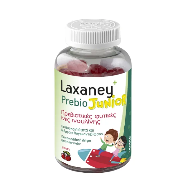 Ένα μπουκάλι συμπλήρωμα διατροφής Zarbis Laxaney Junior 28 gummies με πολύχρωμη ετικέτα και παιδικές εικονογραφήσεις.