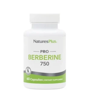 Ένα μπουκάλι συμπλήρωμα διατροφής Nature's Plus Pro Berberine 750mg σε λευκό χρώμα, που περιέχει 60 κάψουλες.