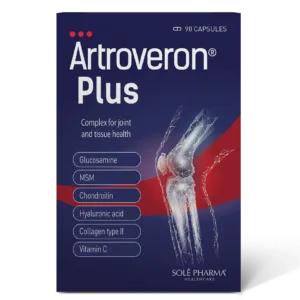 Ένα κουτί Artroveron Plus, το οποίο εμφανίζει ευδιάκριτα το όνομα και μια απεικόνιση της κίνησης της άρθρωσης, φέρει ετικέτα για τη βελτίωση της υγείας των αρθρώσεων και των ιστών.