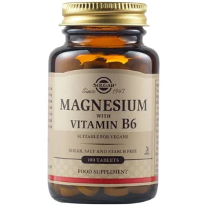 Μπουκάλι συμπληρώματα Solgar Magnesium & Vitamin B6, 100 δισκία, φιλικά προς τους vegan.