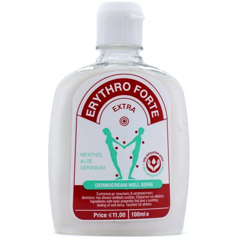 Η κρέμα Erythro Forte Extra Θερμαντική 100ml, εμποτισμένη με μενθόλη, αλόη και γεράνι, διατίθεται μόνο με 11,00€.