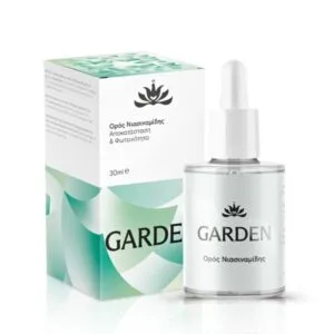 Ένα μπουκάλι 30ml Garden Niacinamide Serum, πλήρες με σταγονόμετρο, τοποθετείται κομψά δίπλα στο ασορτί κουτί με σχέδιο πράσινου κυματισμού.