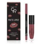 Golden Rose Matte LipKit - Rose Taupe, που περιλαμβάνει ένα lipliner και ένα υγρό ματ κραγιόν, που εμφανίζεται δίπλα σε ένα κουτί διακοσμημένο με εικονογραφήσεις για τα χείλη.