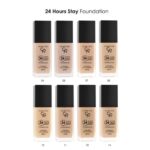 Golden Rose Up To 24 Hours Stay Foundation 35ml Οκτώ μπουκάλια Golden Rose Up To 24 Hours Stay Foundation 35ml, εκτεθειμένα σε δύο σειρές, αναδεικνύουν την ποικιλία αποχρώσεων του foundation και τη μακροχρόνια χρήση του.