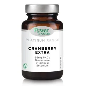 Το καφέ μπουκάλι φέρει την ένδειξη "Power of Nature Platinum Cranberry Extra 30caps" και περιέχει 30 κάψουλες.