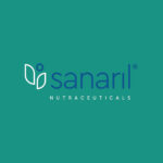 Λογότυπο Sanaril, με στυλιζαρισμένο σχέδιο φύλλου και κουκκίδας σε γαλαζοπράσινο φόντο.