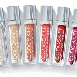 Έξι σωληνάρια Tecnoskin Myolift Volumizing Lip Gloss 6ml σε διάφορες αποχρώσεις είναι τοποθετημένα δίπλα-δίπλα σε λευκή επιφάνεια.