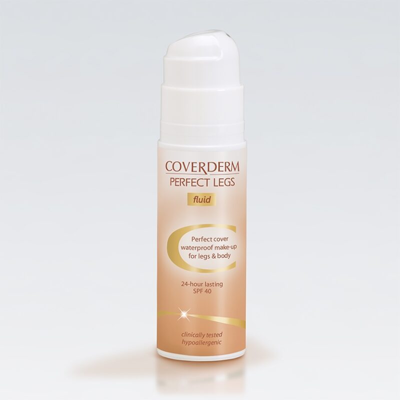 Ένα μπουκάλι 75 ml Coverderm Perfect Legs Fluid SPF40 εμφανίζεται σε ανοιχτόχρωμο φόντο.