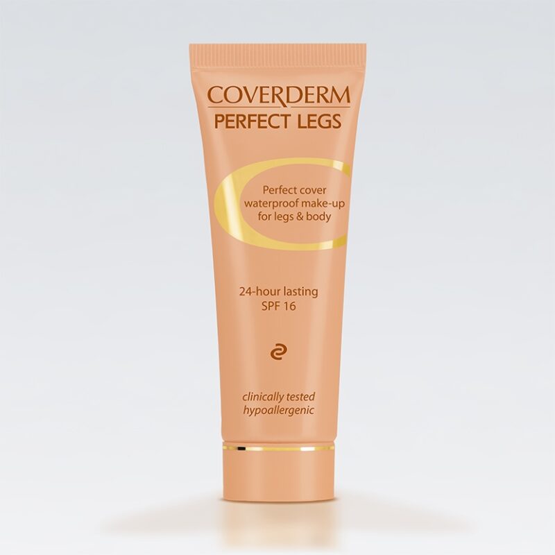 Ένα σωληνάριο 50ml με Coverderm Perfect Legs Waterproof SPF16 εμφανίζεται σε ανοιχτόχρωμο φόντο.
