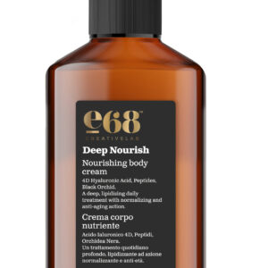 Ένα κεχριμπαρένιο μπουκάλι αντλίας e68 Deep Nourish – Nourishing Body Cream 300ml εμφανίζεται σε λευκό φόντο.