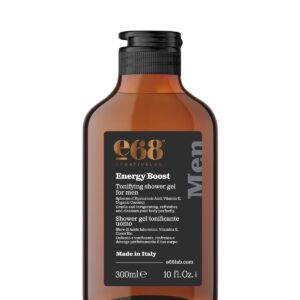 Το e68 Energy Boost – Τονωτικό Αφρόλουτρο για Άντρες 300ml διατίθεται σε πορτοκαλί μπουκάλι με μαύρο καπάκι και ετικέτα στο μπροστινό μέρος—ιδανικό για μια αναζωογονητική εμπειρία ντους.