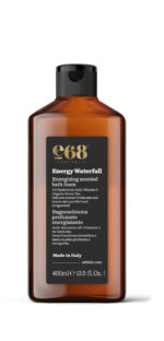 Το e68 Energy Waterfall – Energizing Scented Bath Foam διατίθεται σε κεχριμπαρένιο μπουκάλι 400ml με μαύρη ετικέτα και καπάκι.