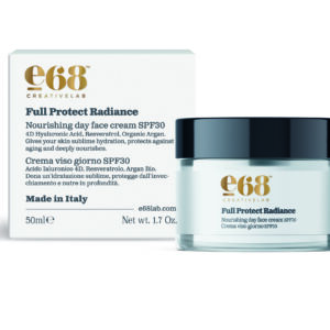 Ένα βάζο και κουτί με e68 Full Protect Radiance – Nourishing Day Face Cream SPF30 50ml, ιταλικής κατασκευής.