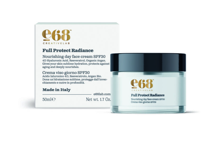 Ένα βάζο και κουτί με e68 Full Protect Radiance – Nourishing Day Face Cream SPF30 50ml, ιταλικής κατασκευής.