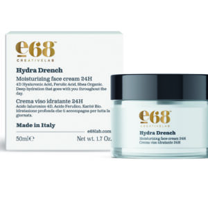 Το διαυγές βάζο e68 Hydra Drench – 24h Ενυδατική Κρέμα Προσώπου 50ml κάθεται δίπλα στο λευκό κουτί της με λεπτομέρειες προϊόντος.