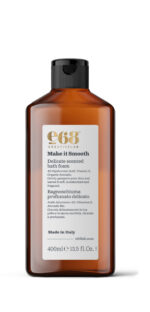 Καφέ μπουκάλι e68 Make it Smooth – Delicate Scented Foam Bath 400ml με λευκή και χρυσή ετικέτα. Αφεθείτε σε ένα πολυτελές, αρωματικό μπάνιο για απαλό, λείο δέρμα.
