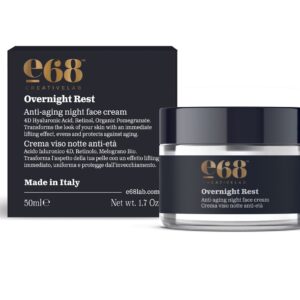 Ένα βάζο και ένα κουτί με e68 Overnight Rest – Anti-Aging Night Face Cream 50ml εμφανίζονται σε λευκό φόντο.