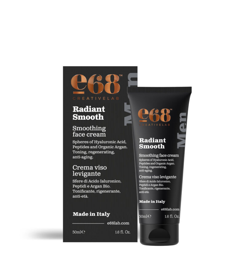 e68 Radiant Smooth – Smoothing Face Cream for Men 50ml Η e68 Radiant Smooth – Smoothing Face Cream for Men 50ml διατίθεται σε μαύρο σωληνάριο και κουτί με κομψό λευκό και χρυσό κείμενο, σχεδιασμένο για να προσφέρει λείο, λαμπερό φινίρισμα.