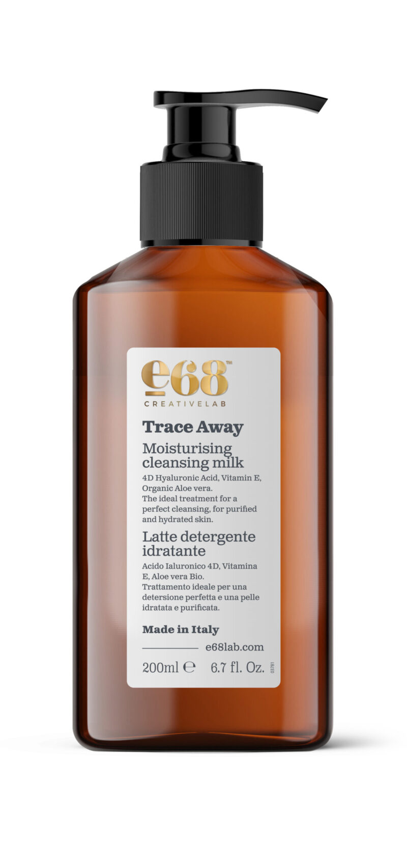 e68 Trace Away – Moisturizing Cleansing Milk 200ml Κεχριμπάρι αντλία μπουκάλι με την ένδειξη "e68 Trace Away – Ενυδατικό Γάλα Καθαρισμού 200ml", σχεδιασμένο για απαλή, αποτελεσματική καθημερινή φροντίδα από την e68 Creative Lab.