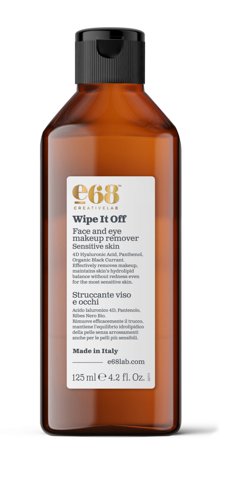 e68 Wipe it Off – Face and Eye Make-up Remover 125ml Κεχριμπάρι μπουκάλι e68 Wipe it Off – ντεμακιγιάζ προσώπου και ματιών, 125ml, για ευαίσθητο δέρμα—αφαιρεί απαλά το μακιγιάζ ενώ φροντίζει τις ευαίσθητες περιοχές του προσώπου και των ματιών.