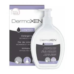 Ένα μπουκάλι Dermoxen Lenitivo Intimate Cleanser 200ml στέκεται μπροστά από το αντίστοιχο κουτί του, και τα δύο λευκά με κομψές μοβ πινελιές.