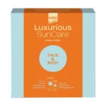 Ένα μπλε και πορτοκαλί κουτί με την ένδειξη "Intermed Luxurious Suncare Family Pack" περιλαμβάνει αντηλιακή κρέμα προσώπου SPF50 (75ml) και κρέμα σώματος SPF50 (200ml).
