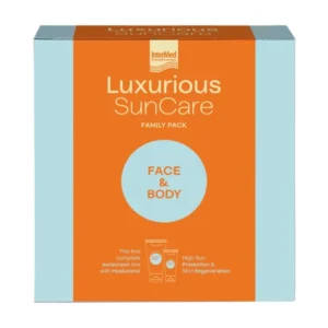 Ένα μπλε και πορτοκαλί κουτί με την ένδειξη "Intermed Luxurious Suncare Family Pack" περιλαμβάνει αντηλιακή κρέμα προσώπου SPF50 (75ml) και κρέμα σώματος SPF50 (200ml).