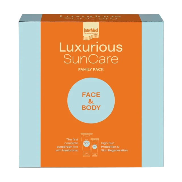 Intermed Luxurious Suncare Family Pack Face Cream SPF50 75ml & Body Cream SPF50 200ml Ένα μπλε και πορτοκαλί κουτί με την ένδειξη "Intermed Luxurious Suncare Family Pack" περιλαμβάνει αντηλιακή κρέμα προσώπου SPF50 (75ml) και κρέμα σώματος SPF50 (200ml).