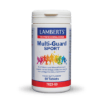 Λευκό μπουκάλι με την ένδειξη "7023-60_new-1" πολυβιταμινών με πολύχρωμες σιλουέτες αθλητών στο μπροστινό μέρος.