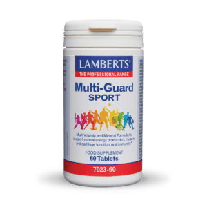 Λευκό μπουκάλι με την ένδειξη "7023-60_new-1" πολυβιταμινών με πολύχρωμες σιλουέτες αθλητών στο μπροστινό μέρος.