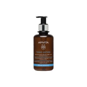 Ένα μπουκάλι 200ml της Apivita Cleansing Tonic Lotion Soothing & Moisturizing Lavender & Honey με μαύρη αντλία, που απεικονίζεται σε λευκό φόντο.