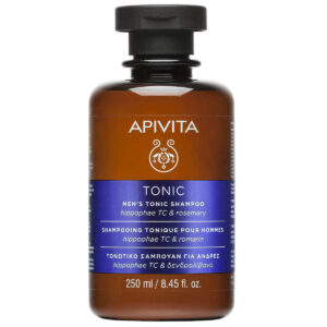 Apivita Hair Care Shampoo Men's Tonic Hippophae TC & Rosemary, 250 ml καφέ μπουκάλι με μαύρο καπάκι και μπλε ετικέτα.