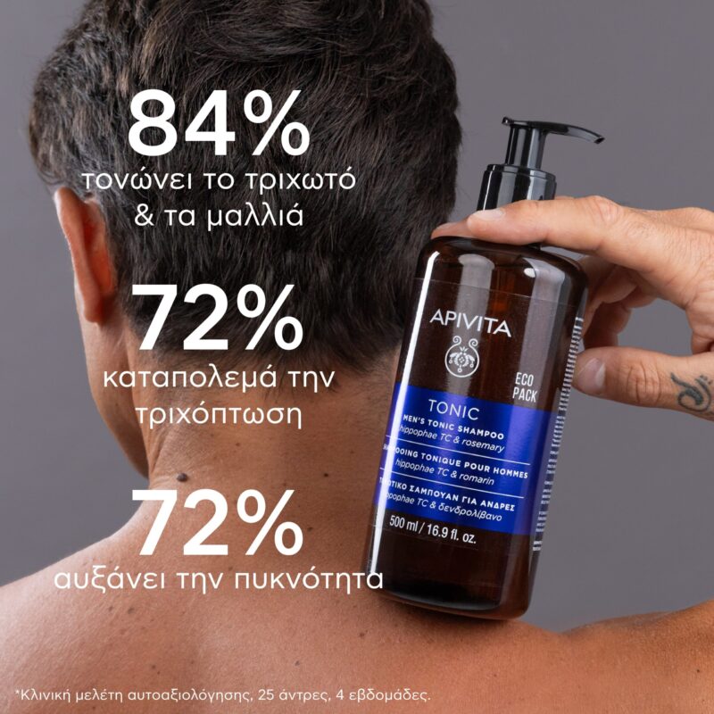 Ένας άνδρας χρησιμοποιεί το Apivita Hair Care Shampoo Men's Tonic Hippophae TC & Rosemary Eco Pack 500ml, που υποστηρίζεται από ελληνικές στατιστικές για την ενίσχυση και την πυκνότητα των μαλλιών.