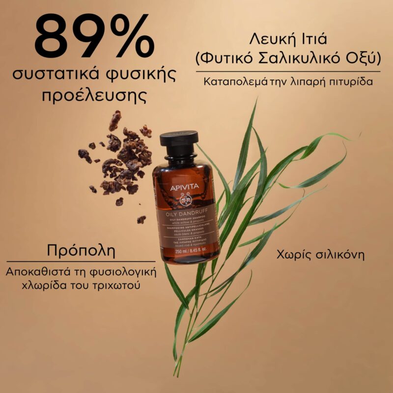Καφέ μπουκάλι Apivita Hair Care Shampoo Oily Dandruff White Willow & Propolis 250 ml, που περιβάλλεται από πράσινα φύλλα και ελληνικό κείμενο σε μπεζ φόντο.