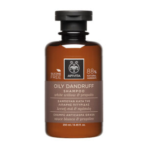 Καφέ μπουκάλι Apivita Hair Care Shampoo Oily Dandruff White Willow & Propolis 250 ml με μαύρο καπάκι και λευκό κείμενο στην ετικέτα, με εκχύλισμα White Willow για αποτελεσματικό έλεγχο της λιπαρής πιτυρίδας.