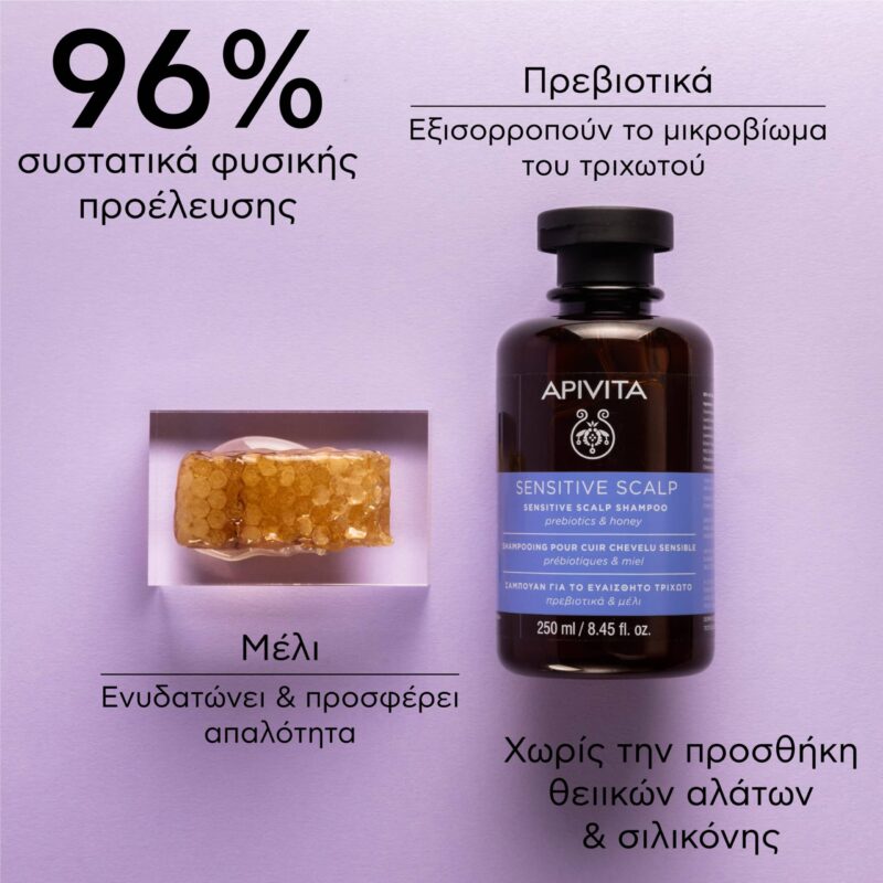 Το μπουκάλι Apivita Hair Care Shampoo Sensitive Scalp Prebiotics & Honey 250ml απεικονίζεται με κηρήθρα σε μοβ φόντο, με ελληνικό κείμενο που τονίζει τα φυσικά συστατικά και τα καταπραϋντικά οφέλη του για το ευαίσθητο τριχωτό της κεφαλής.