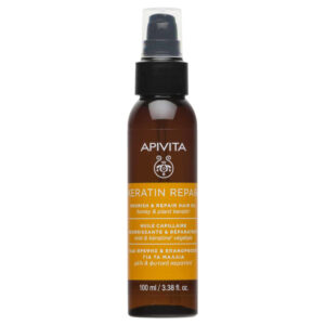 Το Apivita Keratin Repair Hair Oil 100 ml έρχεται με ένα κομψό μαύρο καπάκι ψεκασμού, σχεδιασμένο για να θρέφει και να επανορθώνει τα μαλλιά σας.