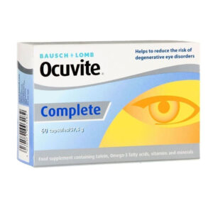 Κουτί Bausch & Lomb Ocuvite Complete 60 caps, ένα συμπλήρωμα διατροφής για τα μάτια με ένα γραφικό για τα μάτια στο μπροστινό μέρος.