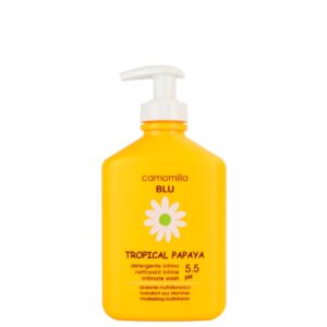 Camomilla Blu Tropical Papaya Intimate Wash pH5.5 300ml σε κίτρινο μπουκάλι με λευκή αντλία και σχέδιο μαργαρίτας.