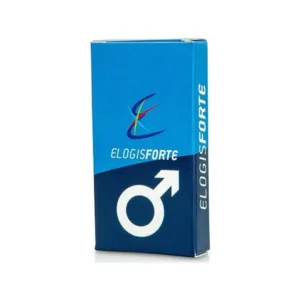 Μπλε κουτί με την ένδειξη "Elogis Pharma Forte Blue 1 cap" από την Elogis Pharma, ένα συμπλήρωμα διατροφής με σύμβολο ανδρικού φύλου στην πρόσοψη.