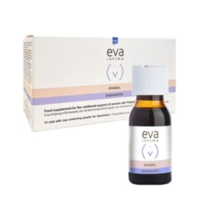 Το Eva Intima Ovasil 10 φιαλίδια είναι ένα συμπλήρωμα διατροφής για τη διατροφική υποστήριξη των γυναικών, συσκευασμένο σε ένα μικρό καφέ μπουκάλι και κουτί.