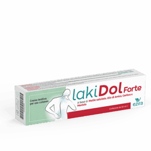 Κουτί Ezira Lakidol Forte 50ml τοπικής κρέμας με απεικόνιση ενός ατόμου που κρατά τη μέση του.