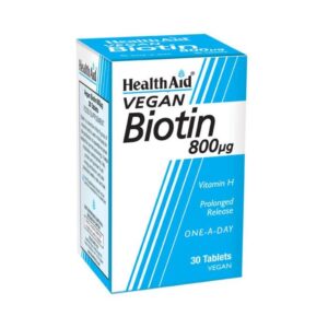 Ένα κουτί Health Aid Biotin 800 μg Vegan 30 ταμπλέτες, με παρατεταμένη απελευθέρωση για συνεχή υποστήριξη, με την ένδειξη Vitamin H.