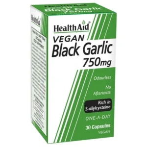 Πράσινο και λευκό κουτί Health Aid Black Garlic 750mg 30 caps, άοσμο, φόρμουλα για μία ημέρα.