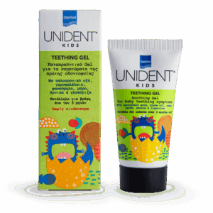 Το Intermed Unident Kids Teething Gel 30 ml κυκλοφορεί σε κουτί και σωληνάριο με πολύχρωμα τερατάκια καρτούν και ελληνοαγγλικό κείμενο, προσφέροντας ήπια ανακούφιση από την οδοντοφυΐα στα παιδιά.