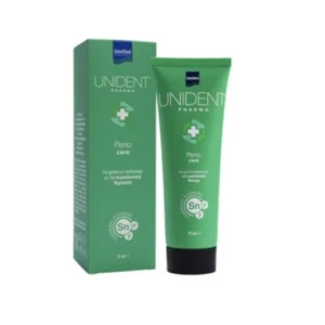 Το σωληνάριο και το κουτί της οδοντόκρεμας Intermed Unident Pharma Perio Care 75 ml στέκονται όρθια σε λευκό φόντο, προβάλλοντας την προηγμένη φροντίδα του στόματος.